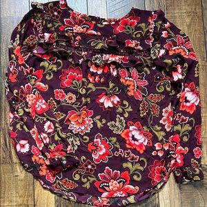 LOFT Burgundy Floral Blouse with Ruffle Details